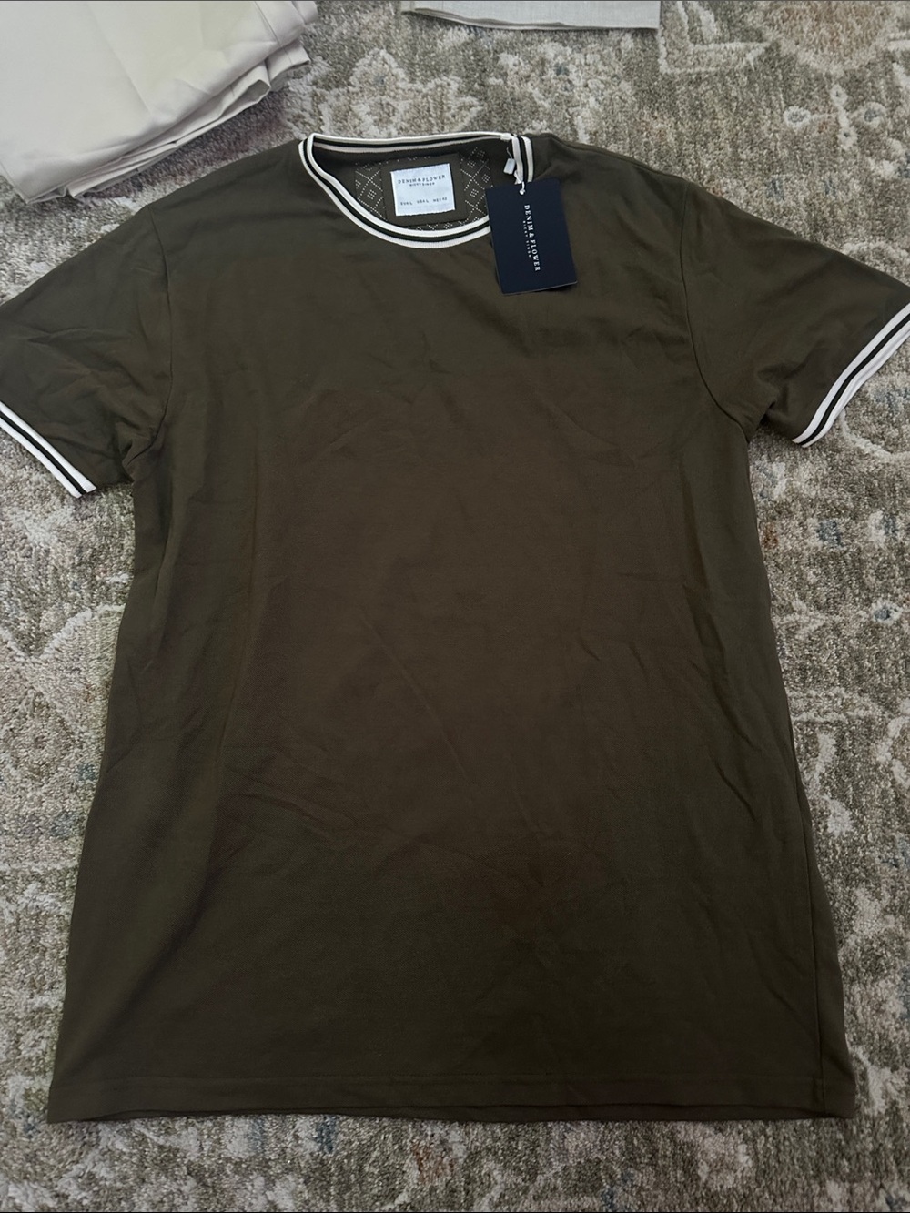 French Connection Olive Green Short-Sleeve Tee with White Trim